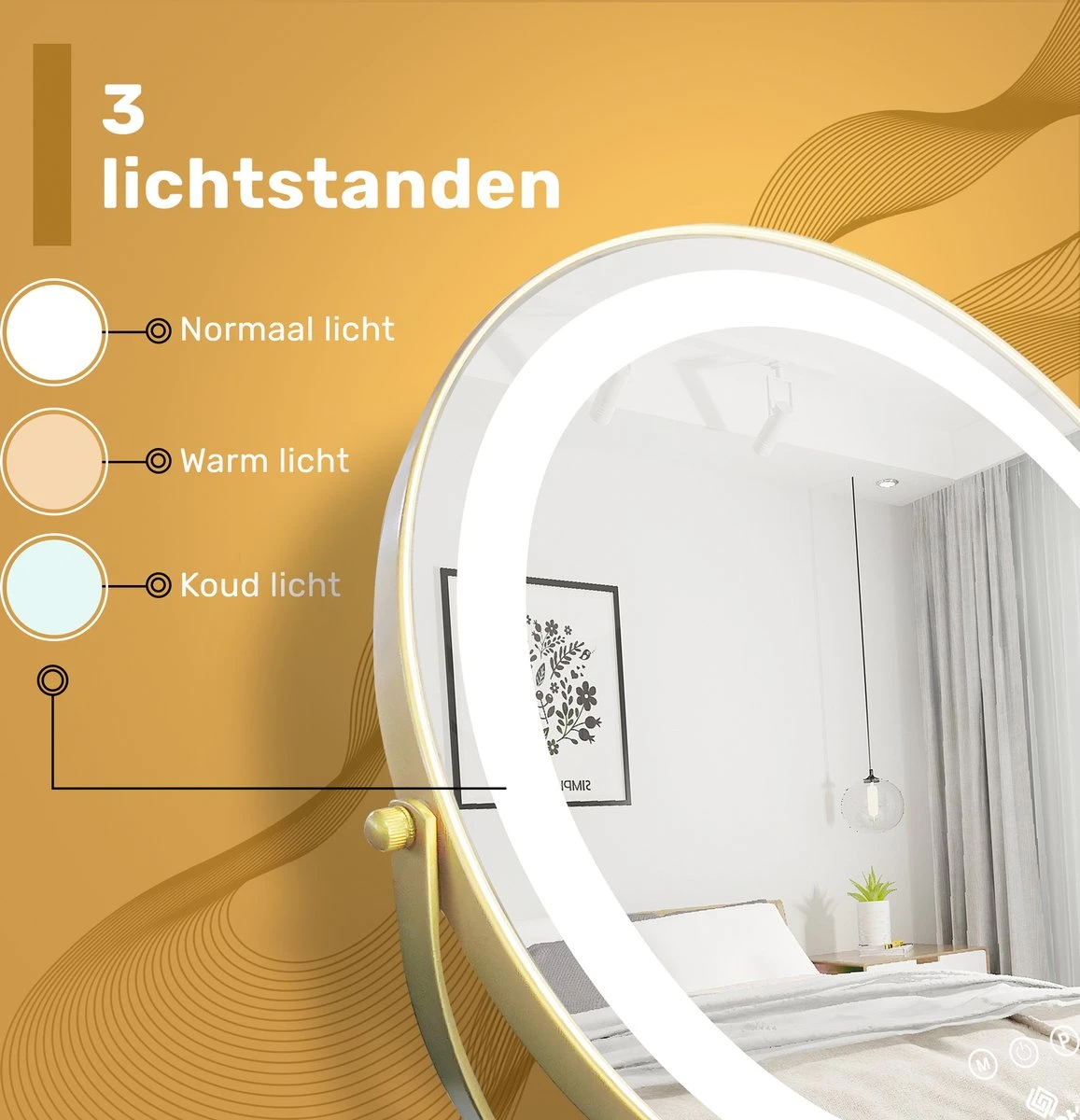 Great's® Make Up Spiegel Met LED Verlichting - ⌀ 40cm - Visagie Spiegel Rond - Extra Close Up Spiegeltje 10x - Goud 3 Great's® Make Up Spiegel Met LED Verlichting - ⌀ 40cm - Visagie Spiegel Rond - Extra Close Up Spiegeltje 10x - Goud - Afbeelding 3