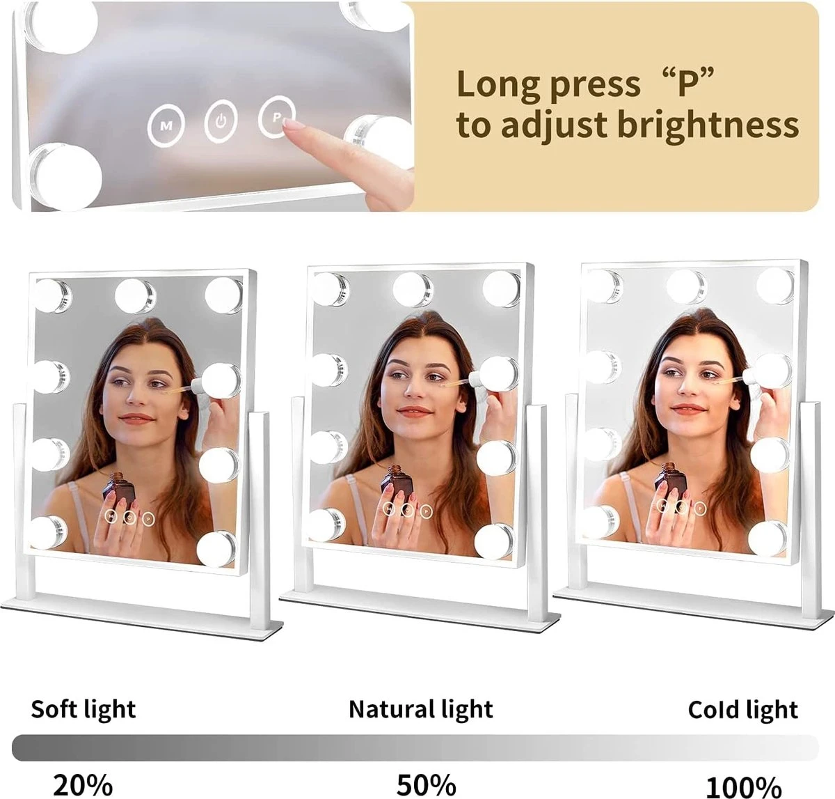 Bright Beauty Vanity Make Up Spiegel Met Verlichting - Wit - Dimbaar Met Drie Lichtstanden 2 Bright Beauty Vanity Make Up Spiegel Met Verlichting - Wit - Dimbaar Met Drie Lichtstanden - Afbeelding 2